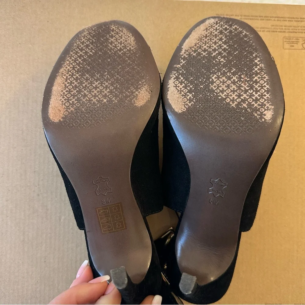 Tory Burch Britannia Black Suede Peep Toe Slingback Heels Women’s Size 8